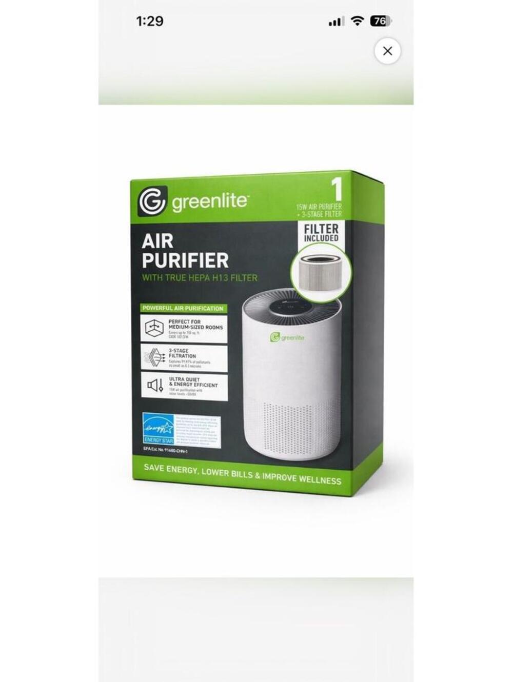 Greenlite Air Purifier G-Pure-15W HEPA Filter NIB Smart Home